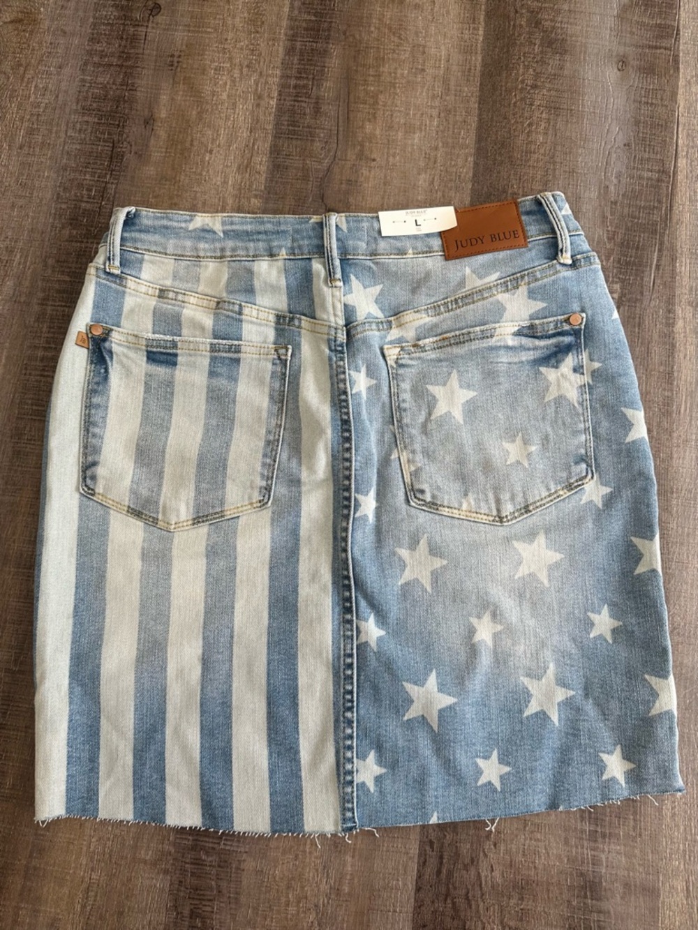Judy Blue Distressed Blue Star & Stripe Denim Mini Skirt - Picture 9 of 14